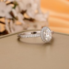 2CT Oval Cut Halo Moissanite Pave Wedding Engagement Ring 14K White Gold Plated
