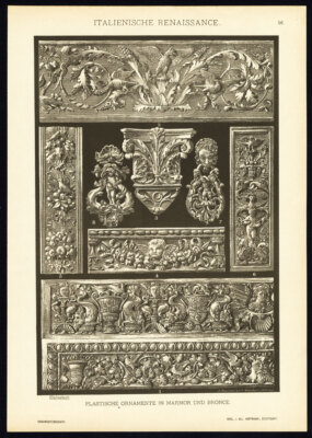 Antiker Druck-ITALIENISCHE RENAISSANCE-MOTIVE-ORNAMENTE-Teller 56-Dolmetsch-1887