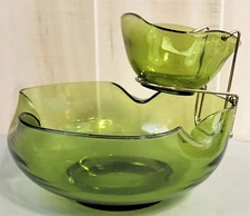 Vintage Mid Century Anchor Hocking Olive Green Chips And Dip Serving Set