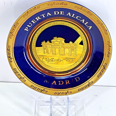 Puerta De Alaca Madrid Spain España 24k Gold Plated Cobalt Blue Souvenir Plate