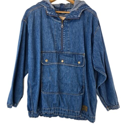 Woolrich Denim Anorak Jacket Women's Size Medium Hooded Pullover Pockets Outdoor
