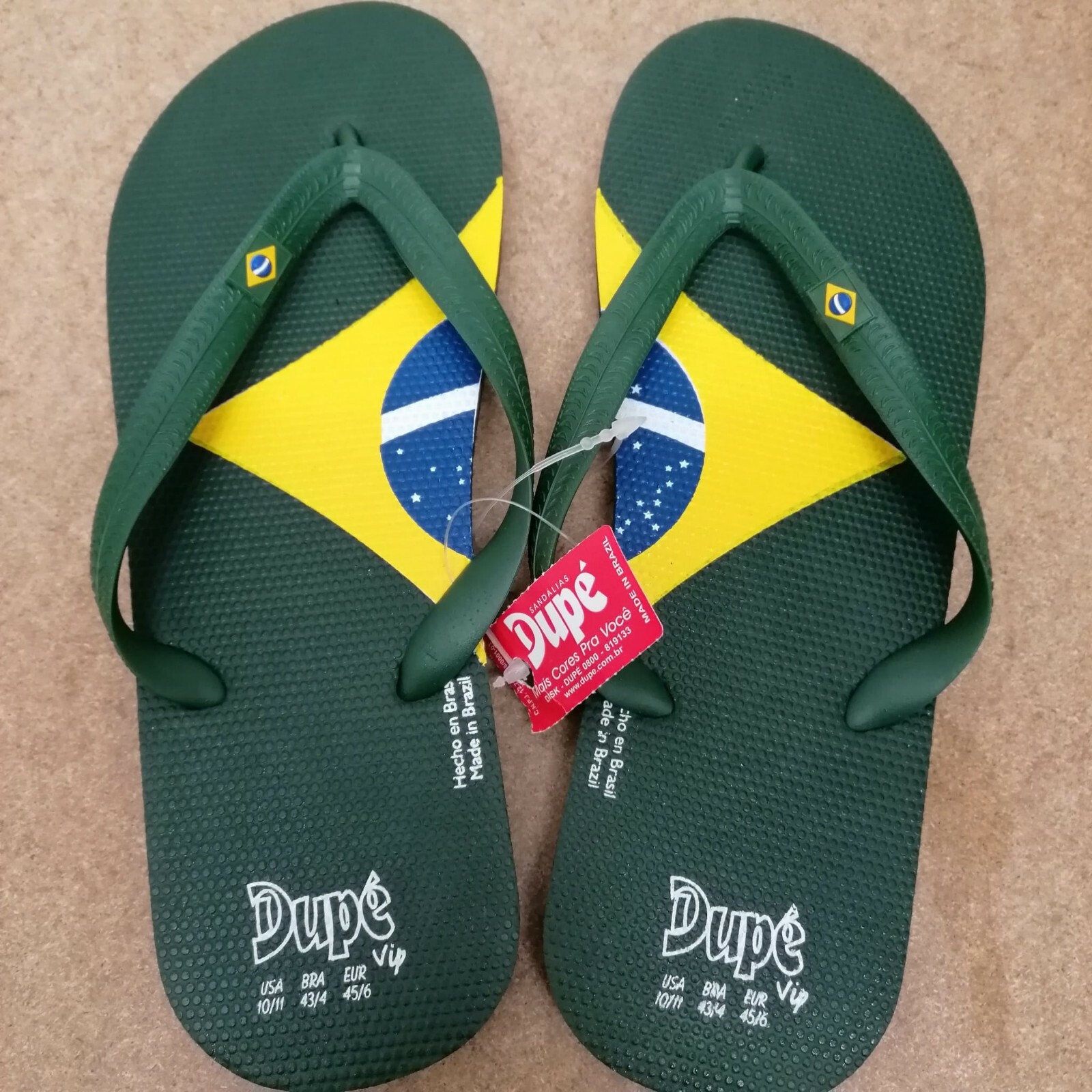 Chanclas Dupé VIP Verde Bandera Brasileña - Varios Tamaños - Totalmente Nuevas con Etiquetas