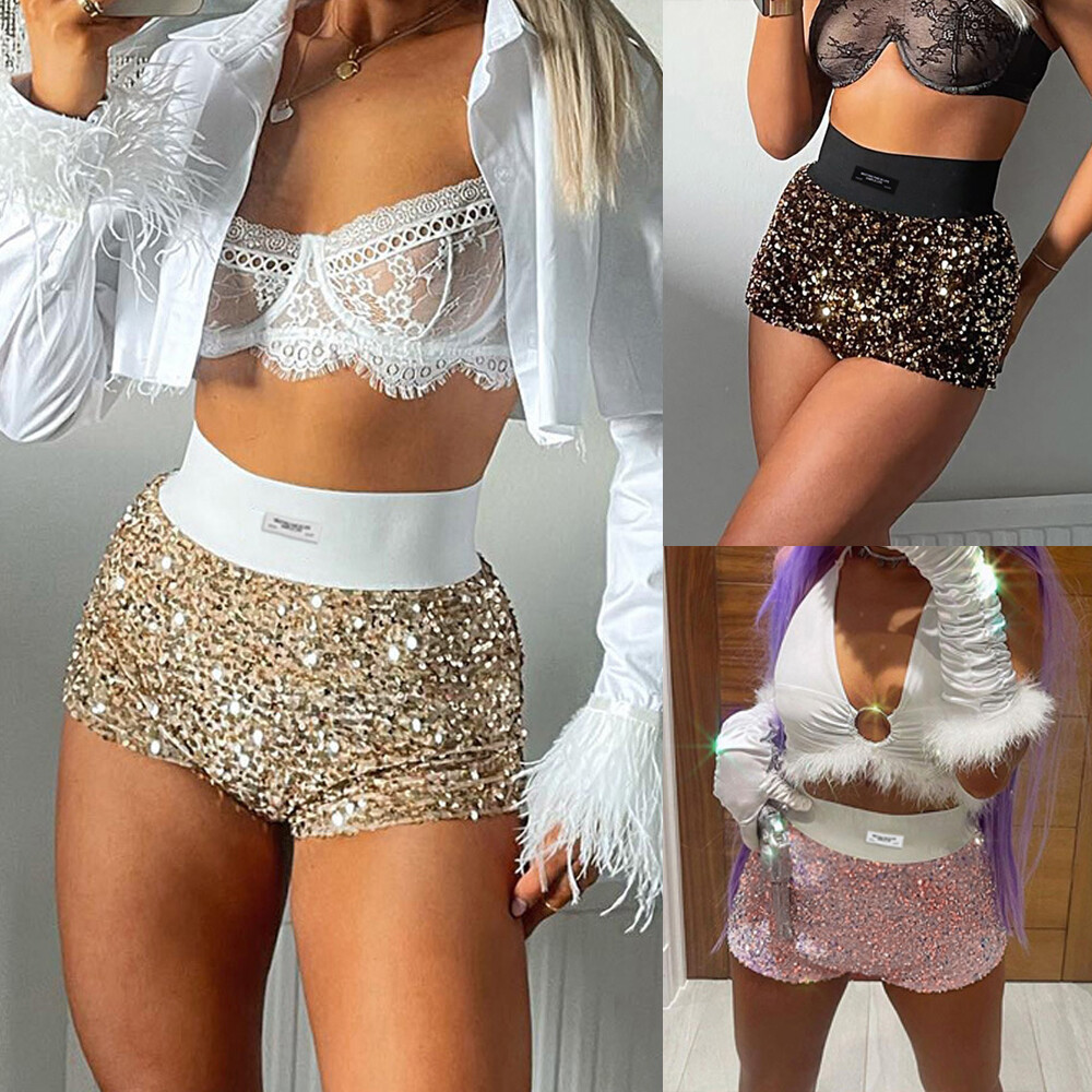 WOMENS SEXY SEQUINS HOT PANTS SPARKLY SHINY STRETCH SHORTS HIGH WAIST PARTY  CLUB | eBay