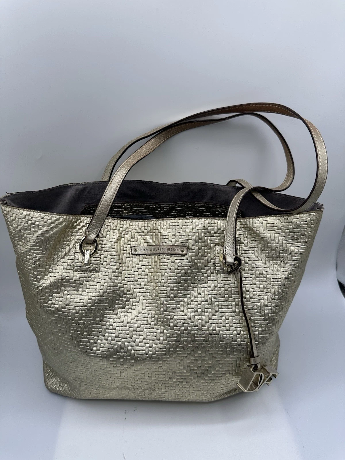Diane Von Furstenberg Gold Woven Print Leather Ready To Go Tote Shoulder Bag
