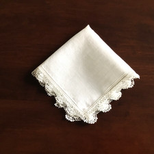 Vintage White Linen Handkerchief Crocheted Edge