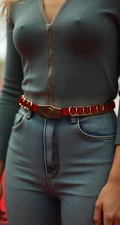 Women Red Elastic Waistband Fashion Belt Gold Metal Buckle Chain Links Size S M