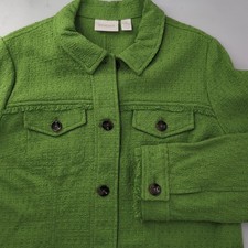 Chicos Tweed Cotton Blazer Jacket Size 2 US Size L 12 Lime Green Fringe