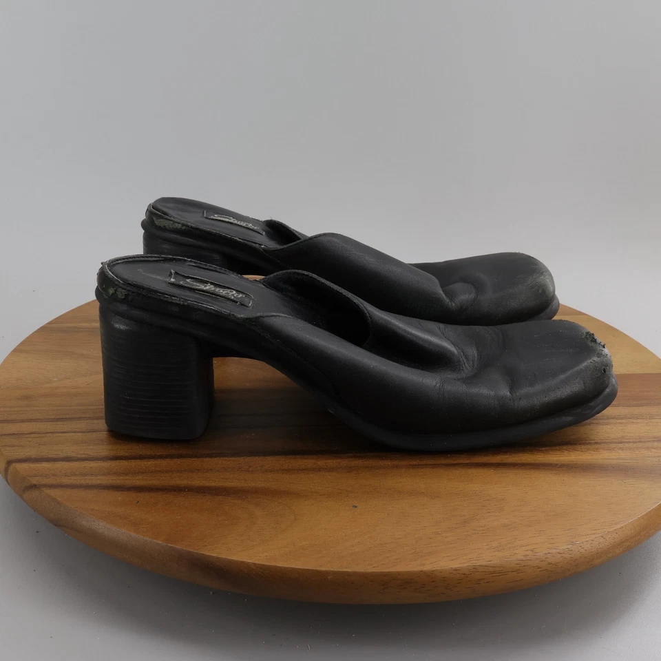 Zapatos zuecos Sporto para mujer de cuero negro con tacón ancho punta redonda talla 9,5 Foto 3 de 4