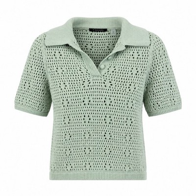 T Tahari Knit Polo Small Cotton Sage Green Pointelle Coastal Preppy Crochet Top