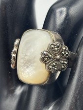 Sterling Silver Mother Of Pearl Marcasite Ring Size 8 Vintage Patina
