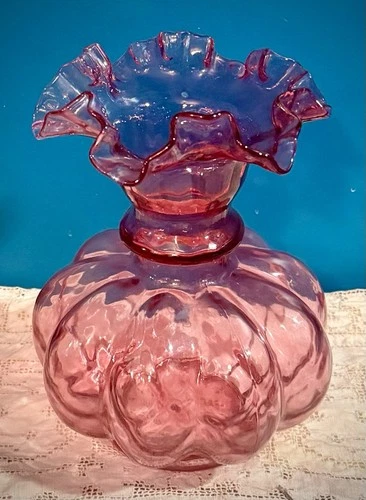 80s FENTON Ruffled VASE CRANBERRY Ring Neck Gourd Shape 8" VTG