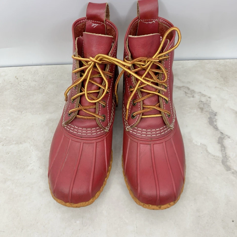 LL Bean Duck Botas Mujer Talla 7 Zapatos Cuero Rojo Goma 6" Sin Forro Con Cordones Foto 3 de 4