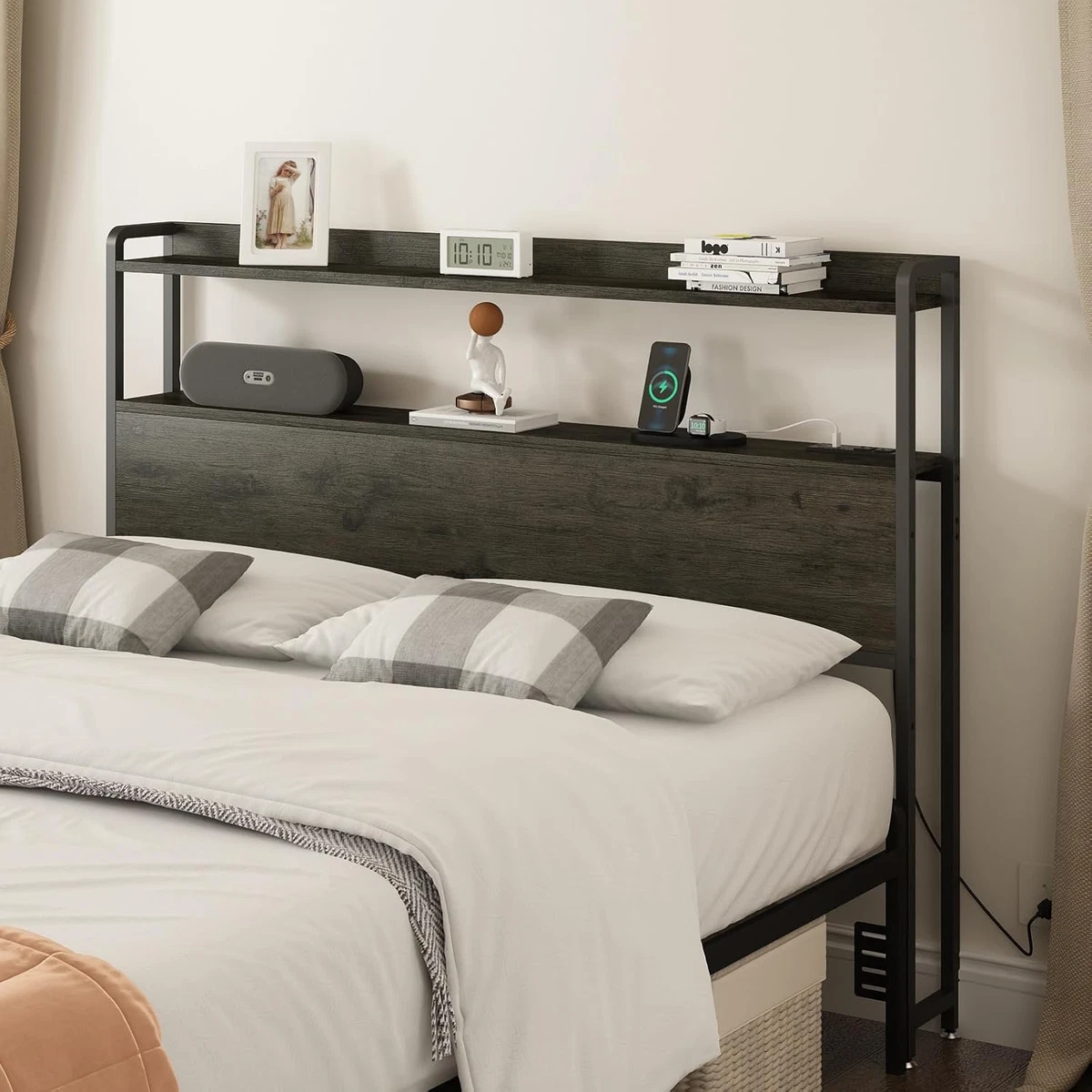 Ellis Upholstered Headboard in Charcoal Fabric, Button Tufted - Kin... - The Brick