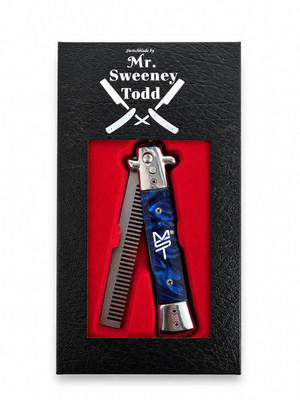 Mr Sweeney Tod | Edelstahl Switchblade faltbarer Kamm (blau) - Druckknopf