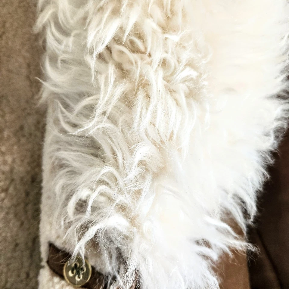 Abrigo Penny Lane escocés vintage de piel de oveja tostado y crema para mujer, M/L Foto 2 de 4