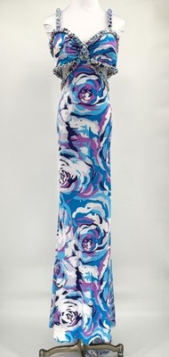 Jovani Blue Purple Swirl Print Chain Straps Sleeveless Evening Dress Sz 14 NEW