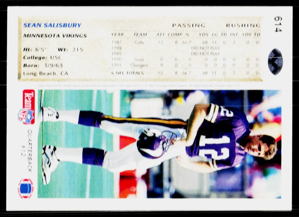 Sean Salisbury, 1992 Upper Deck Football Card, #614, Minnesota Vikings, RC - Image 2 of 2