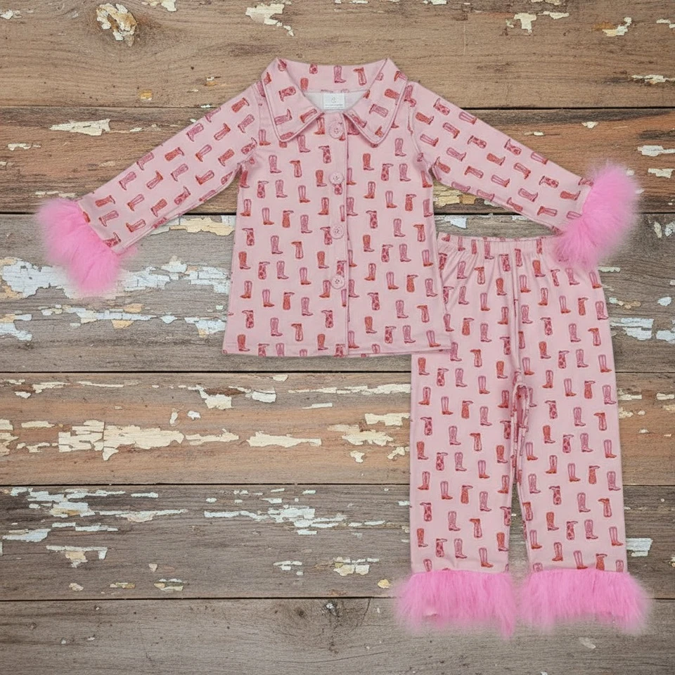 Matching Mom & Daughter Pink Cowgirl Boot Pajamas – Feather Trim Western - Image 3 of 4