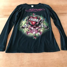 Ed Hardy Christian Audiger Shirt Women L Black Skull Beaded Long Sleeve