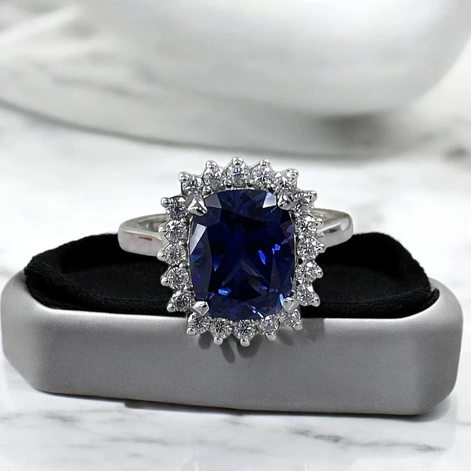 Alianza de diamantes de zafiro natural de corte cojín de 3,70 quilates de oro blanco macizo de 14 quilates Foto 2 de 4