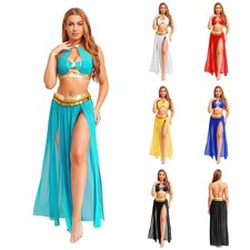 US Womens Belly Dance Outfits Halter Backless Split Mesh Skirts Halloween Party