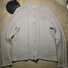 LL Bean Womens Beige Cable Knit Cardigan Sweater Button Front Cotton Size M
