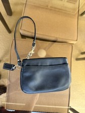 Coach Vintage Black Leather Top Zip Wristlet - Blue Satin Interior