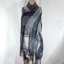 Scarf Cotton Blend  Fringed Scarf Shawl Wrap Woven Gray  Stretchy  76 x 23in