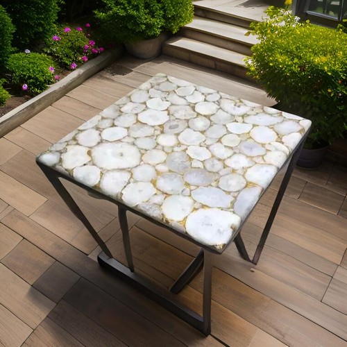 24" Square White Agate Stone Coffee Table Handmade Gemstone Console Bar Table De - Picture 5 of 8