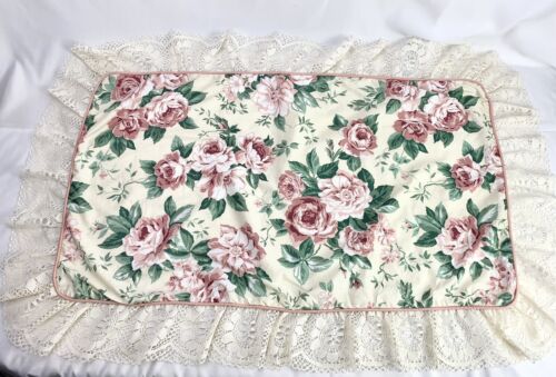 2 Vtg 80's-90’s King Size Pillow Shams Cream Pink Floral Roses Lace Trim Cottage - Foto 1 di 10
