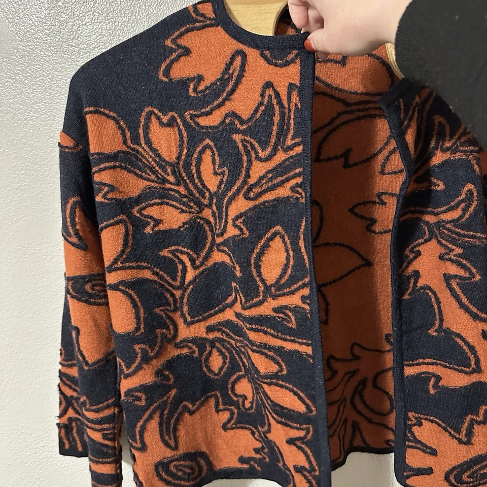 Peruvian Connection Sz Large Baby Alpaca Wool Orange Navy Blue Textured Cardigan - Image 2 of 4