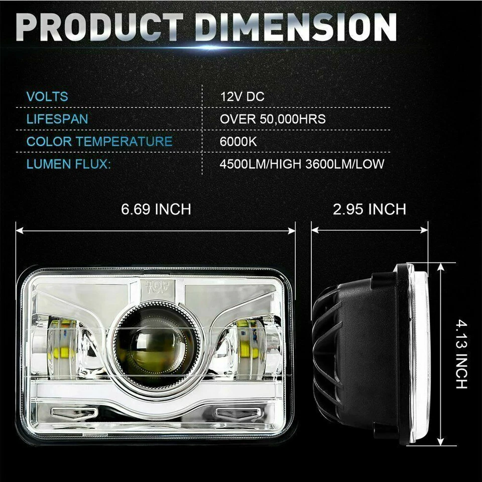 4pc 4x6'' inch Square LED Headlights Projector Bulbs Fit Ford Ranchero 1977-1979 - Image 3 of 4