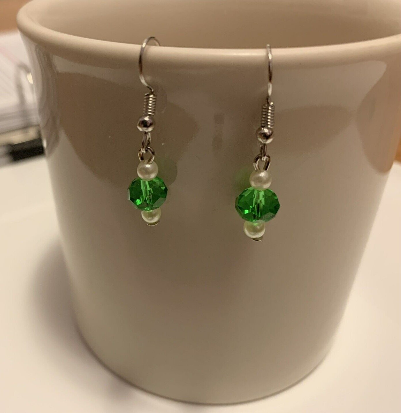 Handmade Green Crystal and Pearl Dangle Hook Earrings
