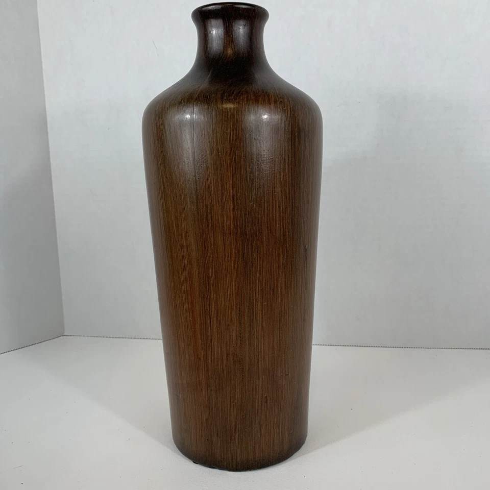 Jarrón alto de mediados de siglo estilo moderno de cerámica patrón de grano de madera marrón Foto 4 de 4