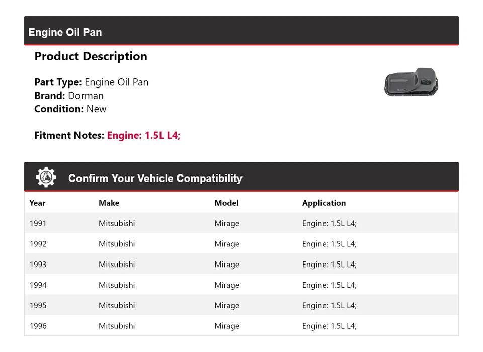 Para Mitsubishi Mirage 1991-1996 1,5 L L4 Dorman motor cárter de aceite 1992 1993 1994 Foto 2 de 4