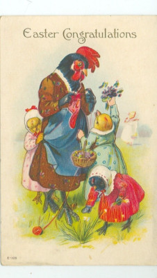 EASTER CONGRATULATIONS-DRESSED HEN/CHICKS-ANTHROPOMORPHIC-POSTED-FANTASY(#113-4)