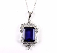 Natural Emerald Cut Blue Tanzanite & Diamond Pendant 18K White Gold 26.87Ct