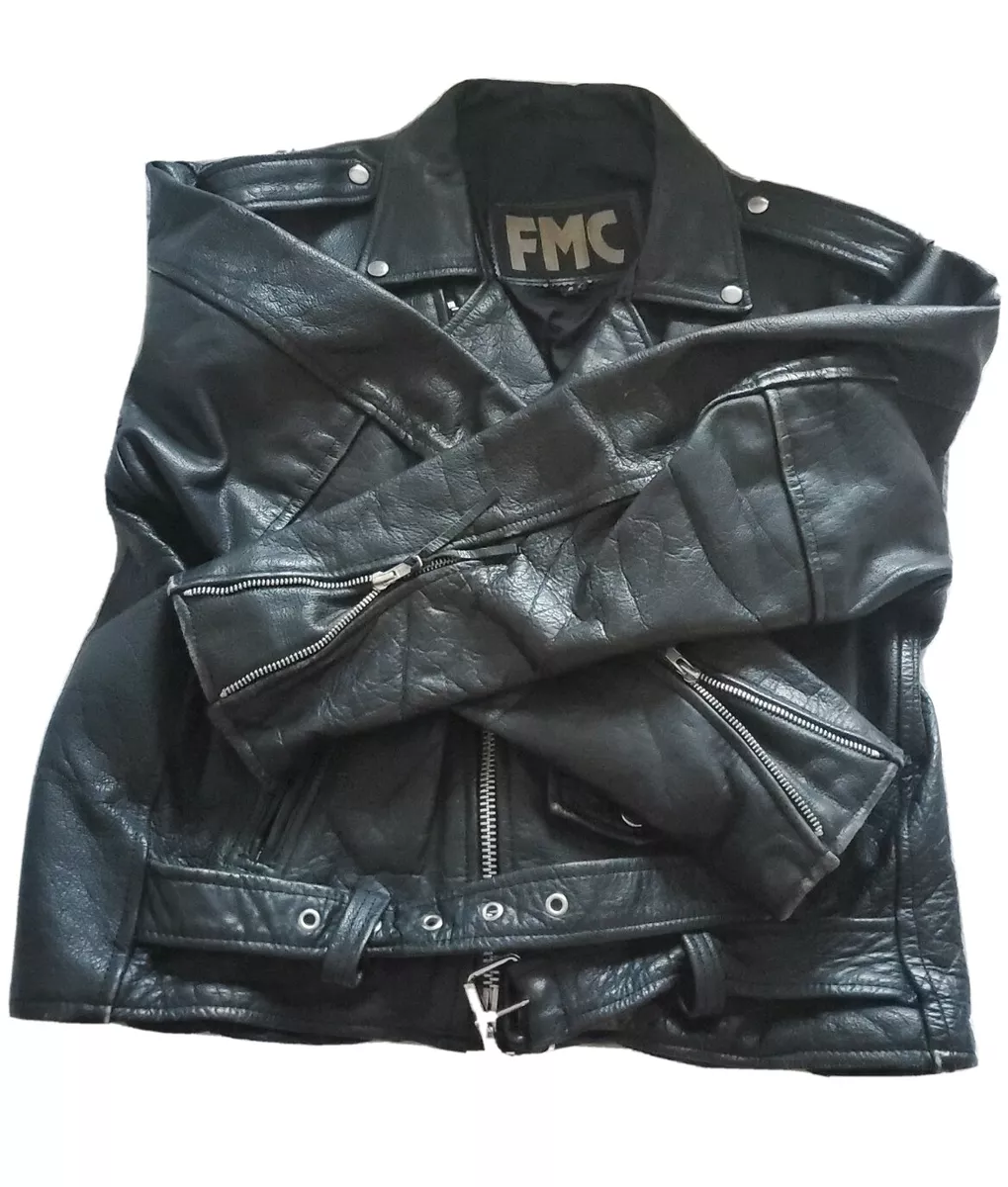 FMC Leather Jacket 44 Mens MOTORCYCLE Side Lace BIKER Belted Black