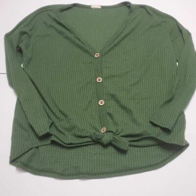 Bibi Womens Thermal Cardigan Sweater Green Button V Neck Waffle Knit Tie  Front S