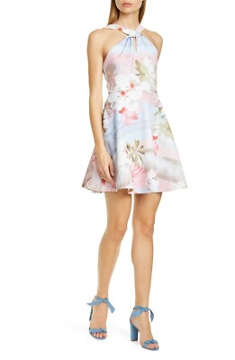 TED BAKER Blue Pink Floral Print UMERTA Halter Fit Flare Skater
