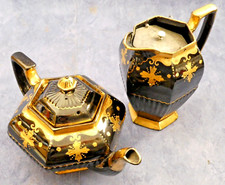 Antique Martin Hanley Gilded Blackware Ceramic Teapot & Water Jug Burslem Style