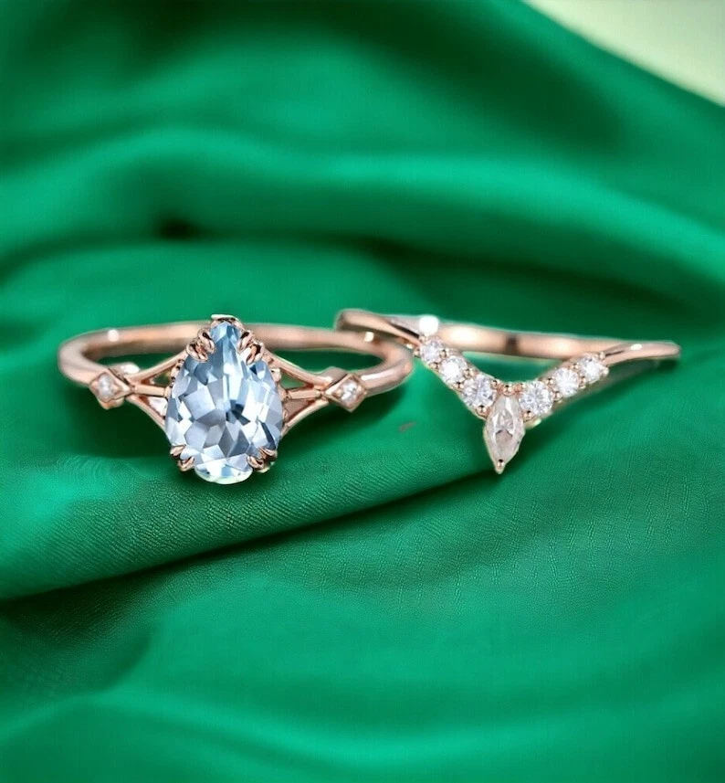 Juego de anillos de boda vintage enchapados en oro rosa de 14 quilates aguamarina natural lágrima Foto 2 de 4