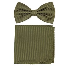 New formal men's pre tied Bow tie  Pocket Square Hankie stripes Olive green