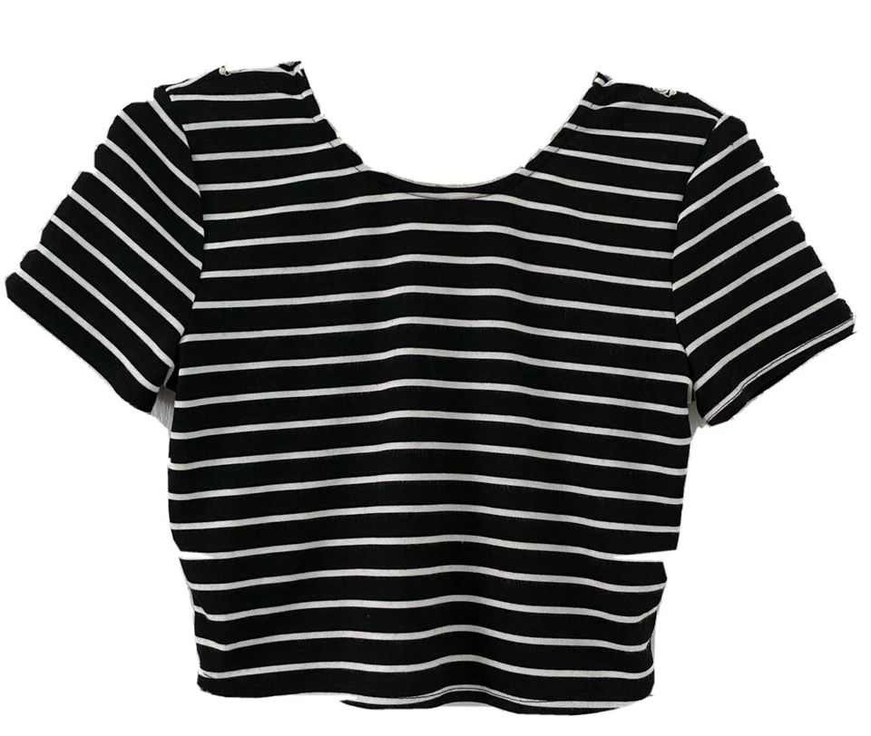 Juniors Crop Top Striped Shirt Black White Stripes Lace Cut Out Large Made USA - Image 2 of 4