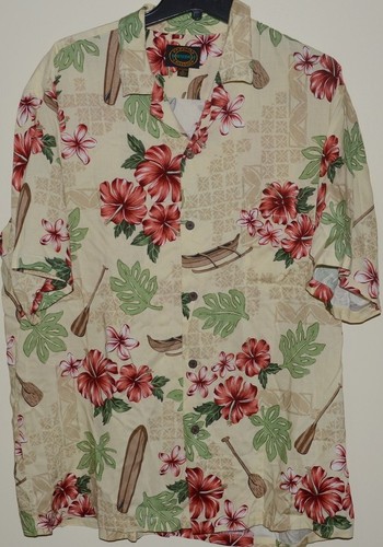 Hawaiian Reserve Collection Shirt Floral wa'a ama Canoe 100% Rayon Hawaii USA