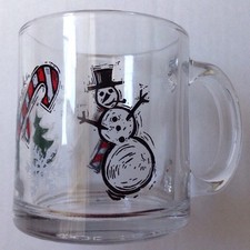 STARBUCKS CANDY CANE SNOWMAN SNOWFLAKES GLASS COFFEE MUG, MADE IN USA, MINT