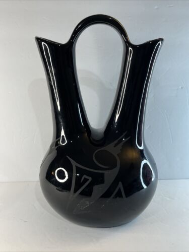 Native American Santa Clara Black Large Wedding Vase 12.5” T Signed Nanci L Dine