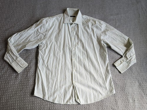 John Varvatos Shirt Men 16.5 Regular White Green Stripe Button Up Long Sleeve