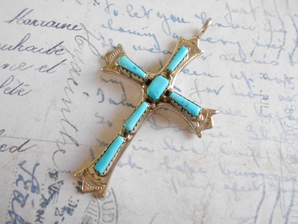Vintage G&L Leekity Zuni Sterling Silver Turquoise Cross Pendant    9132B