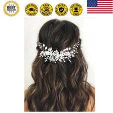 Flower Bridal Hair Vine Silver Crystal Pearl Bride Wedding Headpieces Leaf Ha...